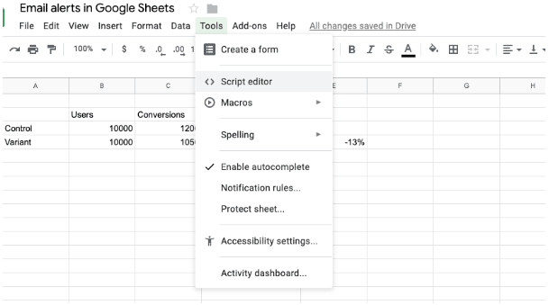 email alerts in google sheet